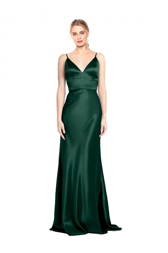 High V-Neck Long Full Length Sheath Formal Stretch Satin Bridesmaid Dress / Prom Dress