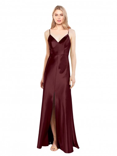 Sleek Spaghetti Straps V-Neck Formal Stretch Satin Bridesmaid Dress / Prom Dress with Center Front Slit