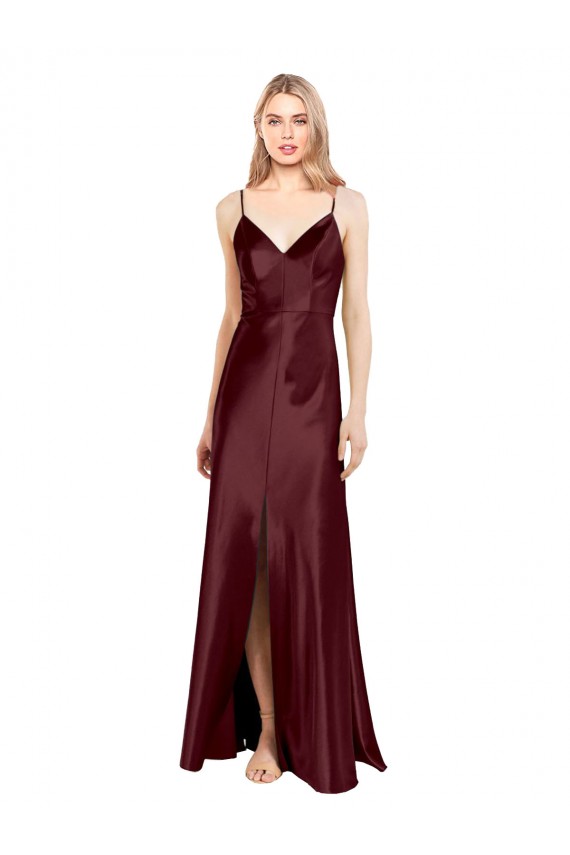 Sleek Spaghetti Straps V-Neck Formal Stretch Satin Bridesmaid Dress / Prom Dress with Center Front Slit