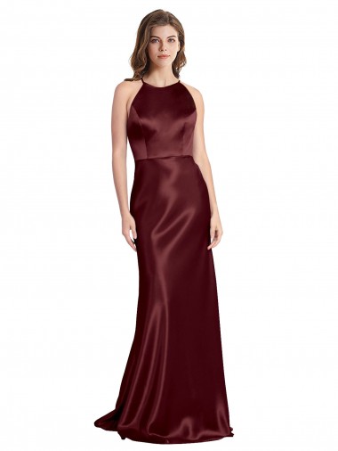 High Neck Halter Long Sleeveless Formal Stretch Satin Bridesmaid Dress / Prom Dress with Strappy Back