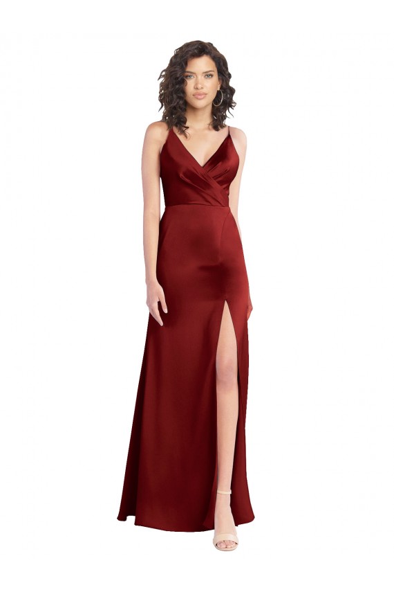 Faux Surplice Neckline Long Slim A-Line Formal Stretch Satin Bridesmaid Dress / Prom Dress