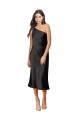 Sleek One Shoulder Midi Length Short Cocktail Formal Stretch Satin Slip Bridesmaid Dress / Prom Dress