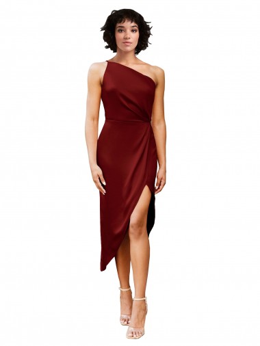 One Shoulder Cocktail Midi Length Short Formal Stretch Satin Wrap Style Bridesmaid Dress / Prom Dress