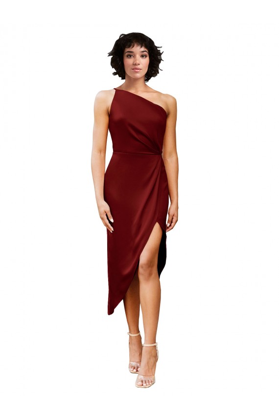 One Shoulder Cocktail Midi Length Short Formal Stretch Satin Wrap Style Bridesmaid Dress / Prom Dress