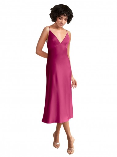 Midi Length V-Neck Short Formal Stretch Satin Bridesmaid Dress / Cocktail Prom Dress with Low Scoop Back