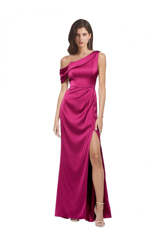 Off the Shoulder Short Sleeves Formal Stretch Satin Bridesmaid Dress / Prom Dress with Side Slit