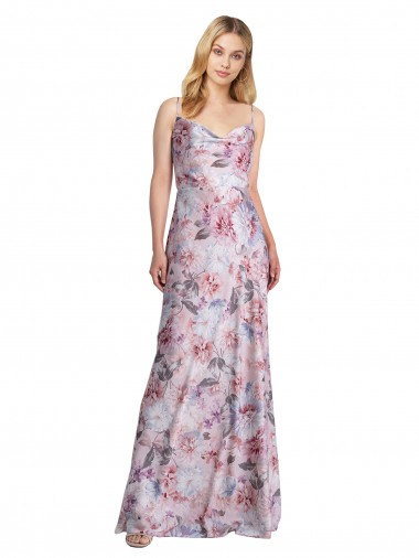 Draped Cowl Neck Long Printed Formal Stretch Satin Bridesmaid Dress