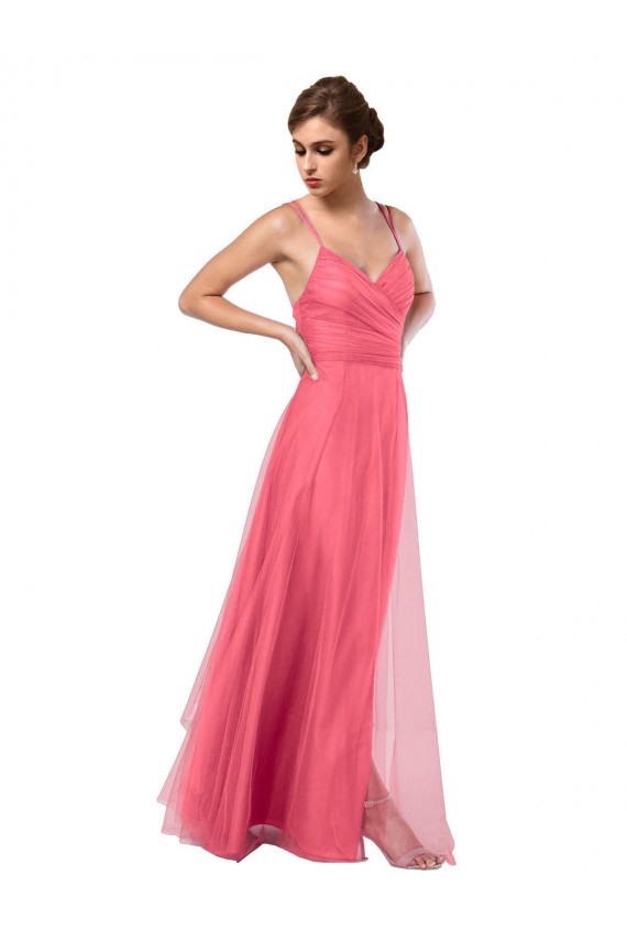 Flowy A-Line Tulle Bridesmaid Dress with Double Straps and V-Neck