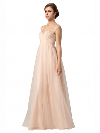 Illusion Sleeves Tulle Bridesmaid Dress with Shirred Bodice and Sweetheart Neckline