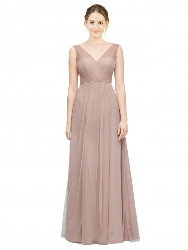 Full Length Draped Long V-Neck Tulle Bridesmaid Dress