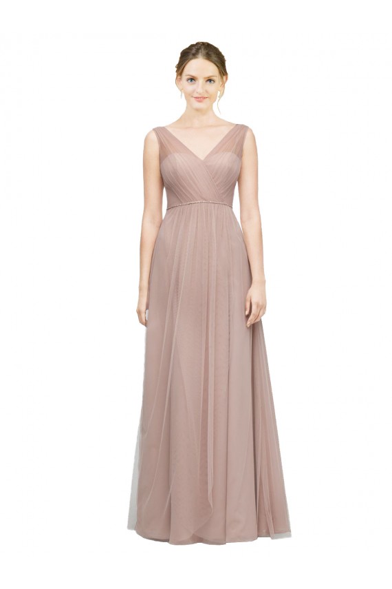 Full Length Draped Long V-Neck Tulle Bridesmaid Dress