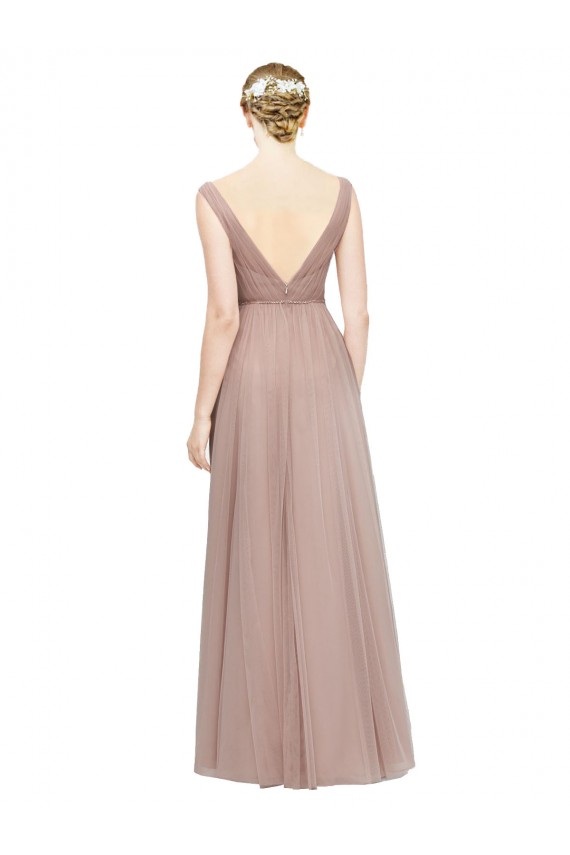 Full Length Draped Long V-Neck Tulle Bridesmaid Dress