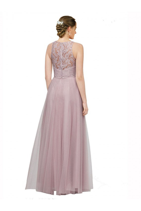 High Neck Long Tulle Bridesmaid Dress with Lace Bodice