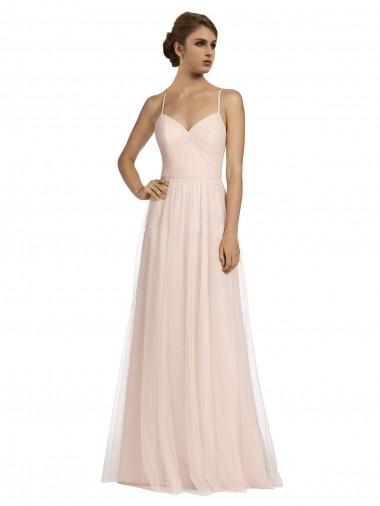 Long Draped Back A-Line Tulle Bridesmaid Dress with Pleated Bodice