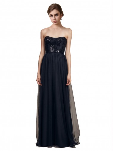 Strapless Sequined Lace Long Bridesmaid Dress with Pleats