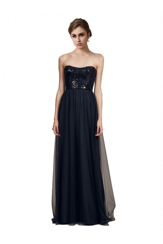 Strapless Sequined Lace Long Bridesmaid Dress with Pleats