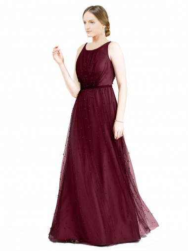 Sleeveless Boat Neck Long Pearl Tulle Bridesmaid Dress with Keyhole Back