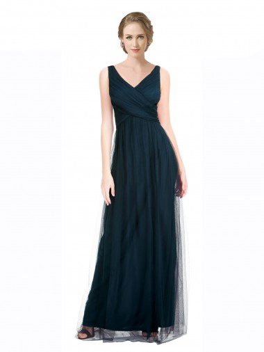 Full Length Long Tulle Bridesmaid Dress with V-Neck Criss-Cross Ruched Top