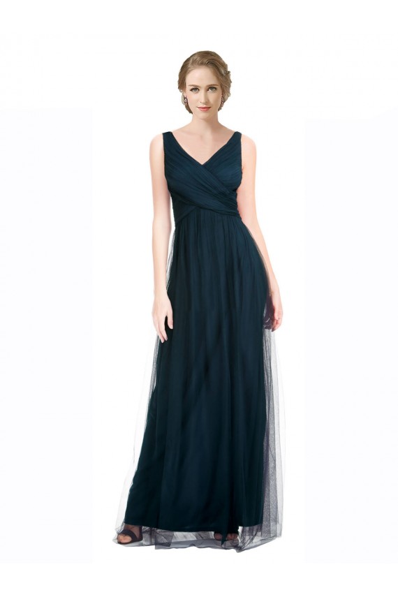 Full Length Long Tulle Bridesmaid Dress with V-Neck Criss-Cross Ruched Top