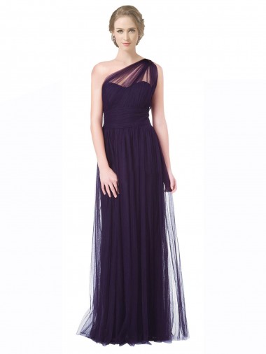 One Shoulder Long Tulle Bridesmaid Gown with Sheer Netting Strap