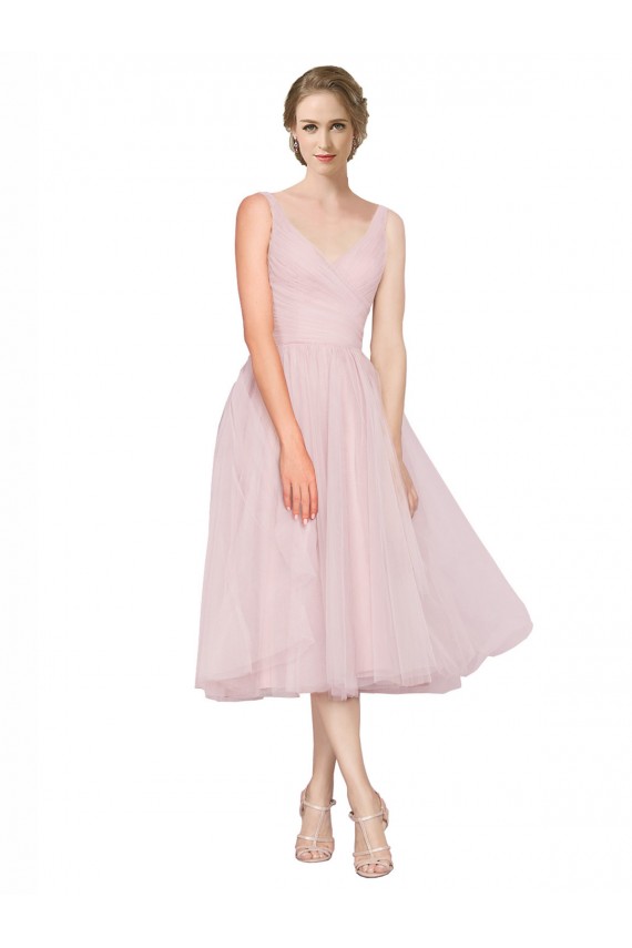 Short Tea Length Wide Strap Plunge Cross Over Neckline Tulle Cocktail Bridesmaid Dress