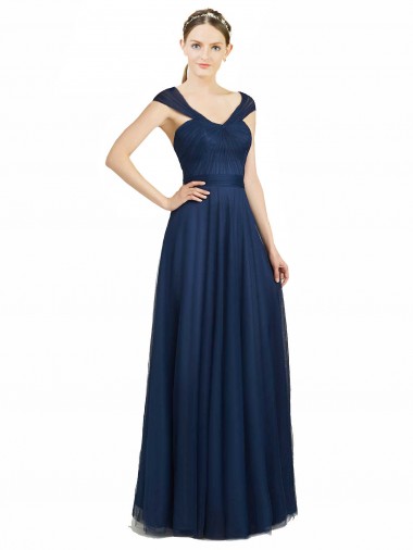 Ruched Sweetheart Long A-Line Tulle Bridesmaid Dress with Wide Straps and Tie Back