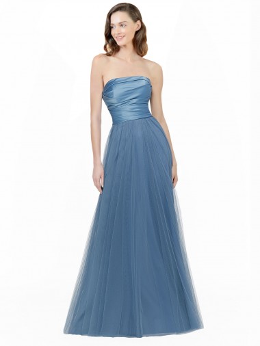 Long Strapless Bridesmaid Dress with Soft Tulle Overlay