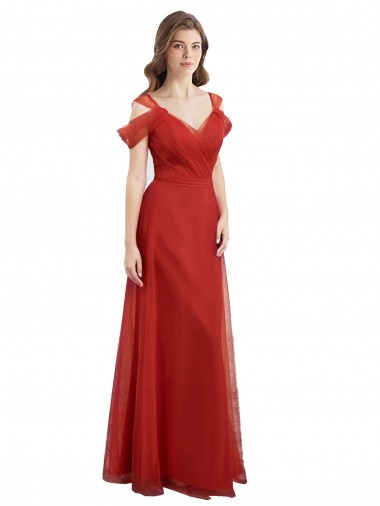 Cold Shoulder Pleated Wrap Tulle Bridesmaid Dress with Low V-Back