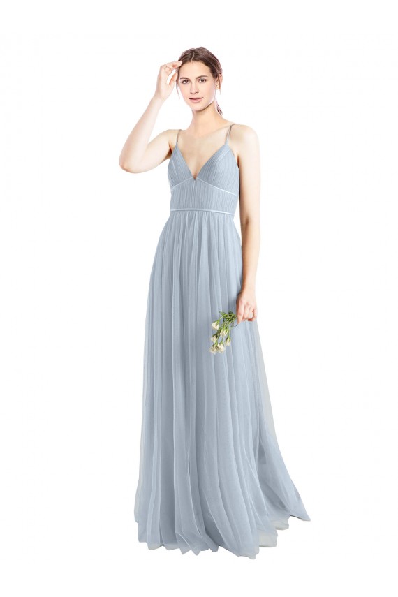 Spaghetti Straps V-Neck Slim A-Line Tulle Bridesmaid Dress