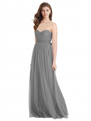 Shirred Strapless Bodice Long Tulle Bridesmaid Dress with Sweetheart Neckline