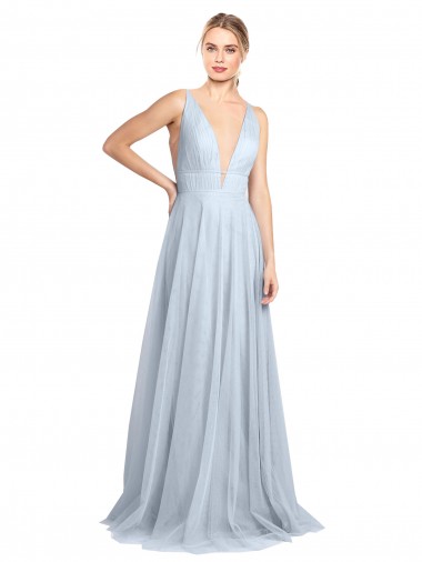 Plunging Deep V-Neck Long Tulle Bridesmaid Dress with V-Back