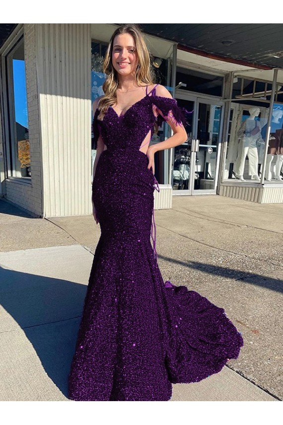 Cold Shoulder Sleeveless Long Court Train Velvet Sequin Prom Dress