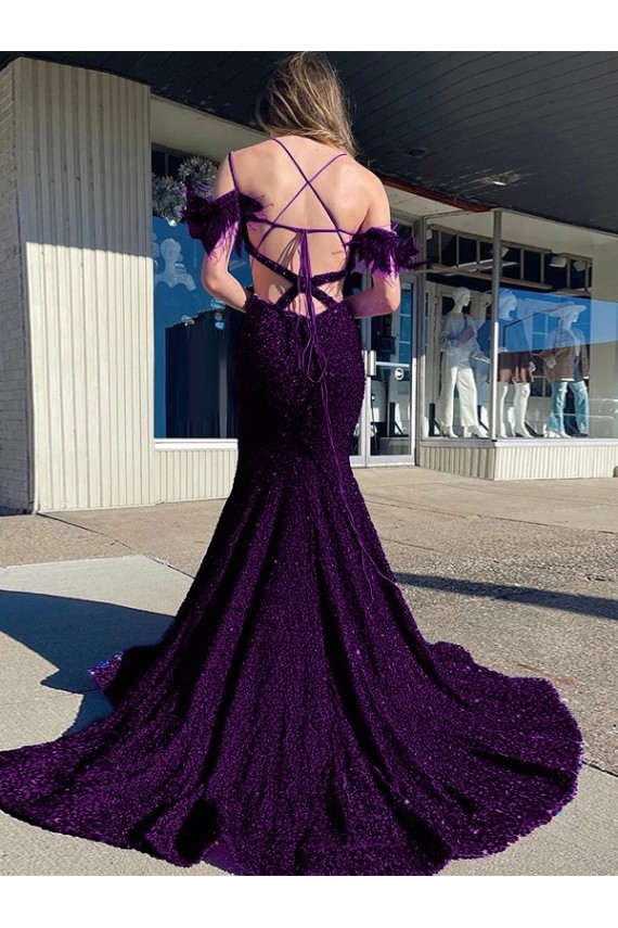 Cold Shoulder Sleeveless Long Court Train Velvet Sequin Prom Dress