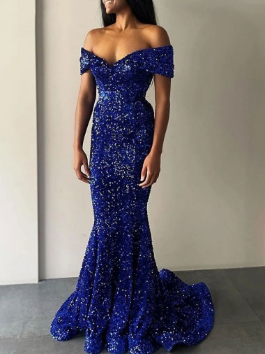 Mermaid Off the Shoulder Sleeveless Long Sweep Train Velvet Sequin Prom Dress