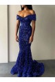 Mermaid Off the Shoulder Sleeveless Long Sweep Train Velvet Sequin Prom Dress