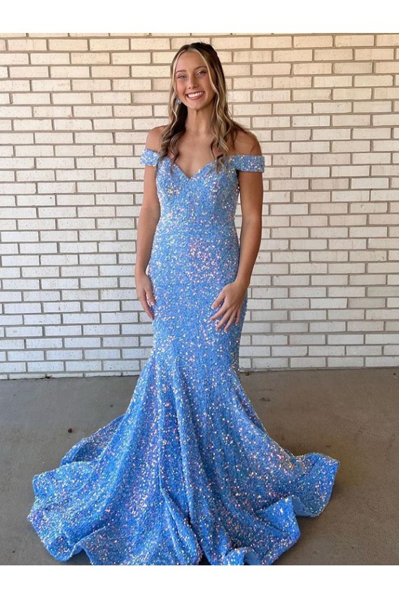 Mermaid Off the Shoulder Sleeveless Long Floor Length Velvet Sequin Prom Dress