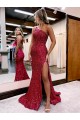 Mermaid One Shoulder Sleeveless Long Sweep Train Velvet Sequin Prom Dress with High Slit