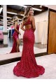 Mermaid One Shoulder Sleeveless Long Sweep Train Velvet Sequin Prom Dress with High Slit