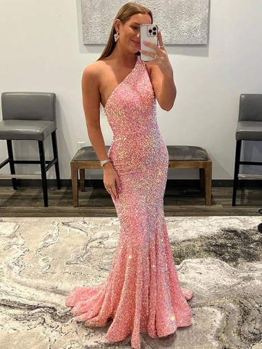 Open Back One Shoulder Sleeveless Long Sweep Train Velvet Sequin Prom Dress