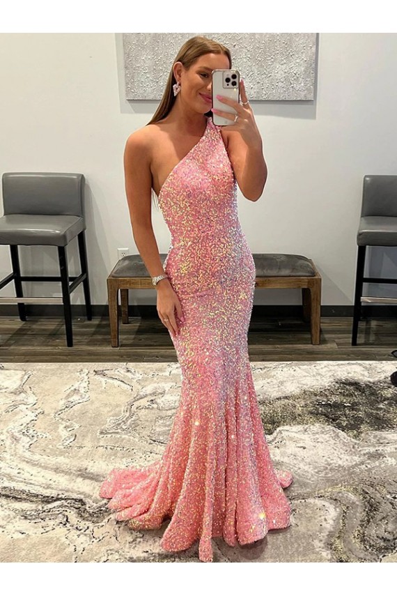 Open Back One Shoulder Sleeveless Long Sweep Train Velvet Sequin Prom Dress