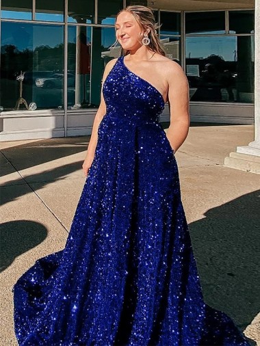 A-Line One Shoulder Sleeveless Long Sweep Train Velvet Sequin Prom Dress with Pockets