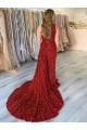 One Shoulder Sleeveless Long Court Train Velvet Sequin Prom Dress with Slit