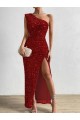 One Shoulder Sleeveless Long Floor Length Velvet Sequin Prom Dress with Slit