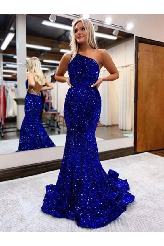 Mermaid One Shoulder Open Back Long Sweep Train Velvet Sequin Prom Dress