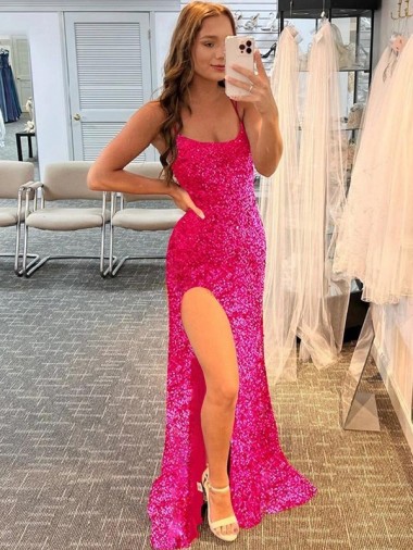 Spaghetti Straps Sleeveless Long Velvet Sequin Prom Dress with Slit and Criss Cross Open Back