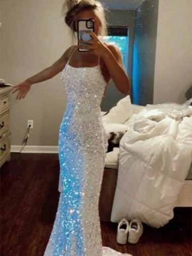 Long Spaghetti Straps Sleeveless Sweep Train Velvet Sequin Prom Dress