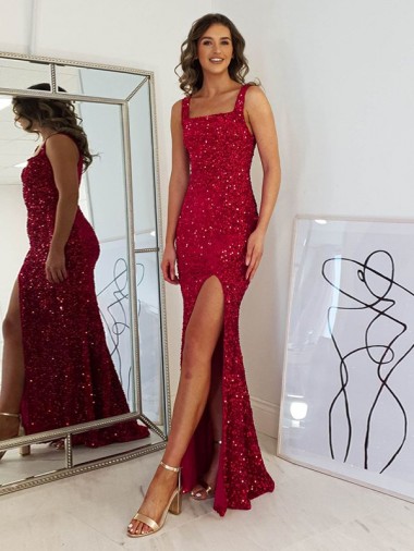 Square Neck Sleeveless Long Velvet Sequin Prom Dress with Slit