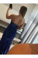 Strapless Sleeveless Long Sweep Train Velvet Sequin Prom Dress with Side Slit