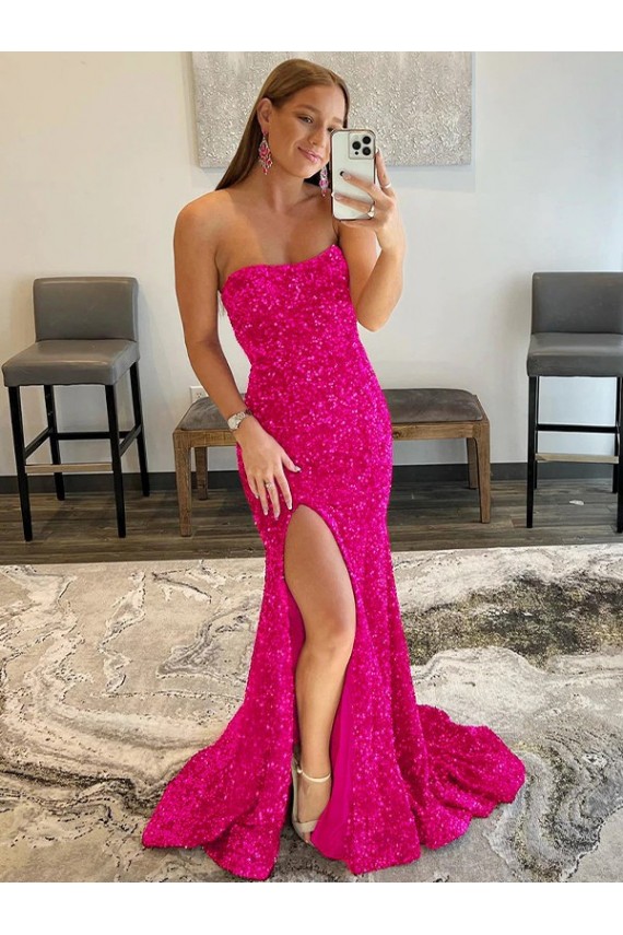 Strapless Sleeveless Long Sweep Train Velvet Sequin Prom Dress with Side Slit