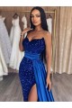 Sweetheart Sleeveless Long Sweep Train Velvet Sequin Prom Dress with Slit